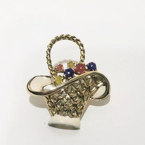 Basket with Enamel Flowers Brooch Pin 1" Gold Tone Vintage Metal